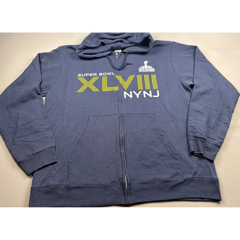 Super Bowl XLVIII NY NJ NFL Team Apparel Navy Blue Full Zip Hoodie Mens Large - Picture 1 of 9